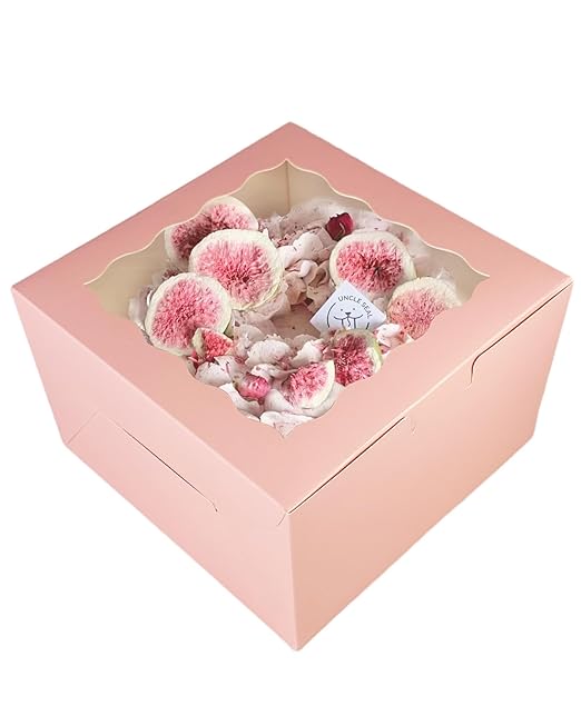 qiqee 8x8x5 Cake Box, 18 Sets Pink Cake Box with Window & 18 Sets 8" Pink Cake Round Boards, 8inch Cake Containers