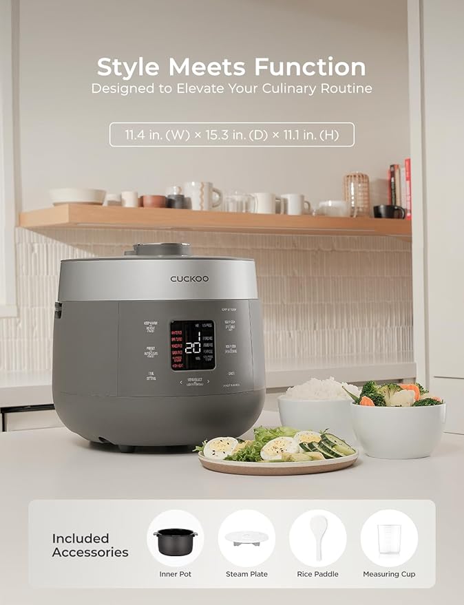 CUCKOO CRP-ST1009FG 10-Cup (Uncooked) / 20-Cup (Cooked) Twin Pressure Rice Cooker & Warmer with Nonstick Inner Pot, 16 Menu Modes, 3 Voice Guide, Auto Clean (Gray)