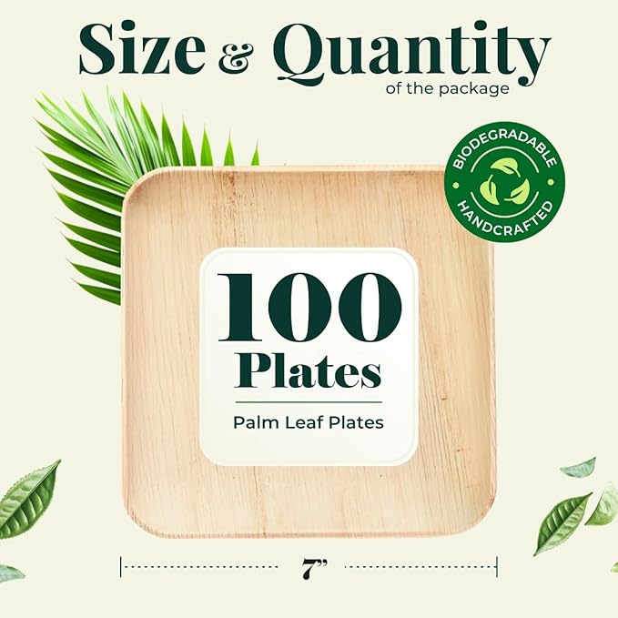 Palm Leaf Plates Bamboo Disposable Square 7 inch 100 Bulk Party Pack Elegant Sturdy Design Better Than Paper and Plastic Plates by Koalalove (KoalaLove-PLP-7IN-100-Plates)