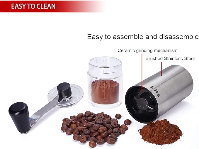 LHS Manual Coffee Grinder with Ceramic Conical Burr Stainless Steel Hand Crank Mill for Drip Coffee, Espresso, French Press, Turkish Brew