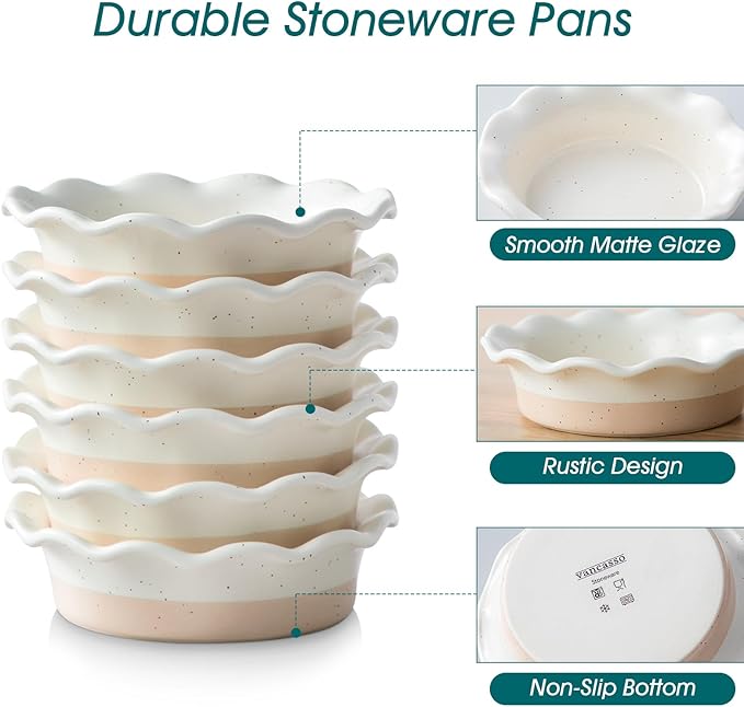 vancasso Mini Pie Pans Set of 6, 5.2 inch Ceramic Small Pie Plate for Baking, Shallow Ramekins Mini Pie Dish with Ruffled Edge for Chicken Pot Pie, Cake, Quiche, Tart, Cream Colored