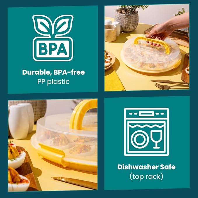 Classy Deviled Egg Carrier with Lid & Handles - Portable Egg Tray Platter for Holidays & Parties - Dishwasher-Friendly - Yellow