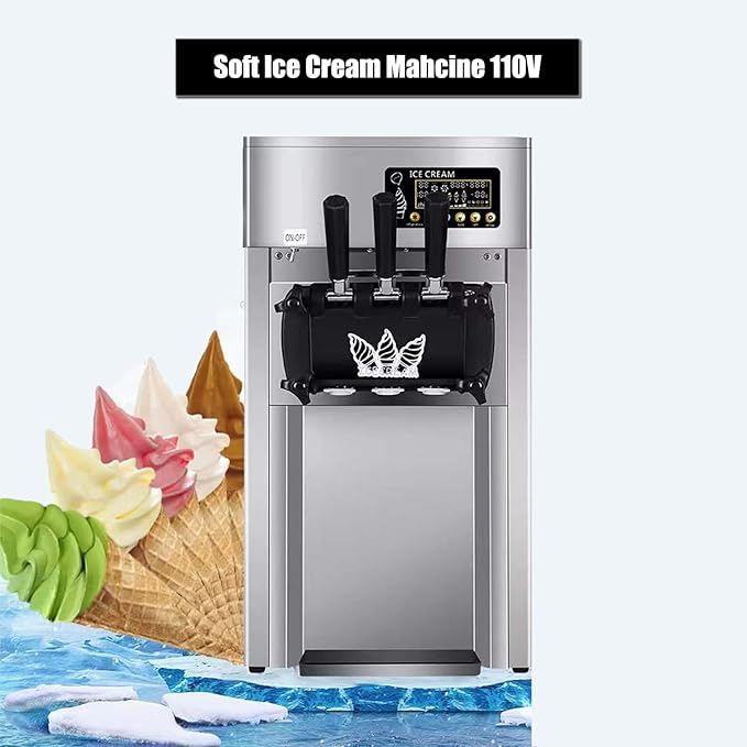 Commercial Soft Serve Ice Cream Machine 3 Flavor Ice Cream Maker Sorbet Frozen Yogurt Gelato LED Display Desktop Type 1200W 110V