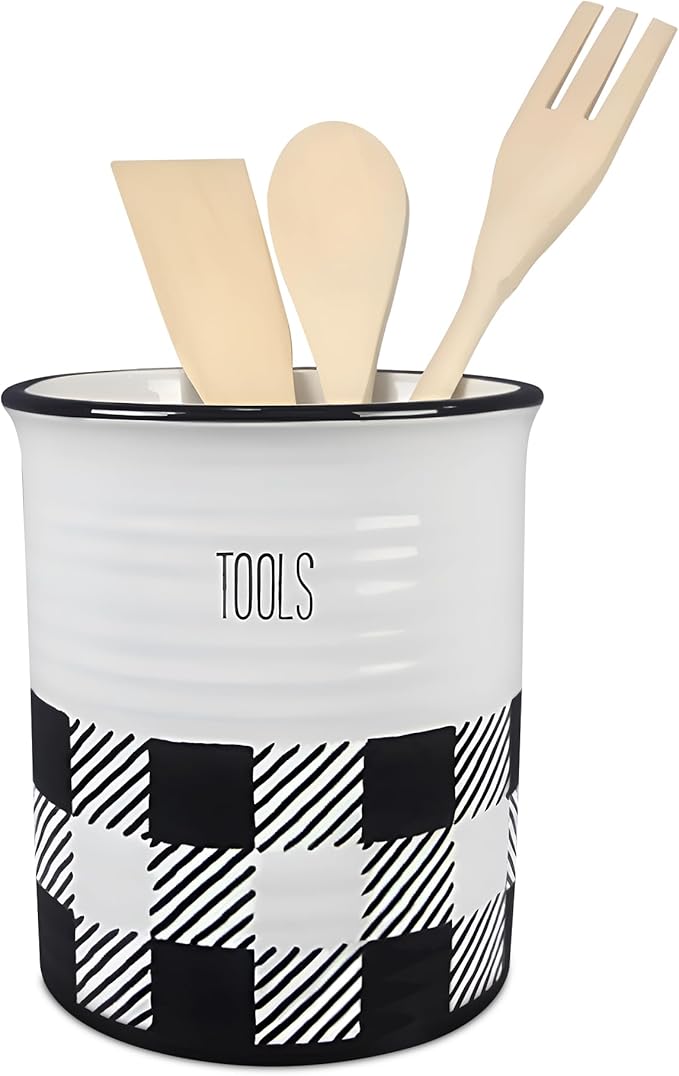 Young's Inc Buffalo Plaid Kitchen Tool Holder with Tools, Ceramic Utensil Holder for Kitchen Counter, Cooking Spoon & Spatula Holder for Counter with Utensils, Black and White