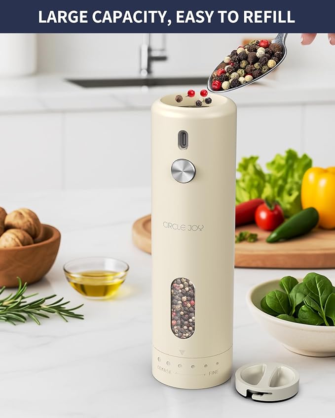 CIRCLE JOY Rechargeable Electric Salt and Pepper Grinder Set with Base, Automatic Pepper Mills with 110ml Container, External Adjustable Coarseness, White Led Light and One-Handed Operation, Begie