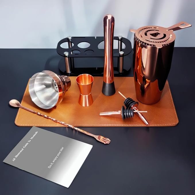 Cocktail Shaker Set, Bartender Kit, Cocktail Shaker with Stand, Drink Mixing Includes Martini Shaker,Strainer,Jigger,Bar Mixer Spoon,Muddler, Pourer, Bar Tool Set  (Rose Gold)