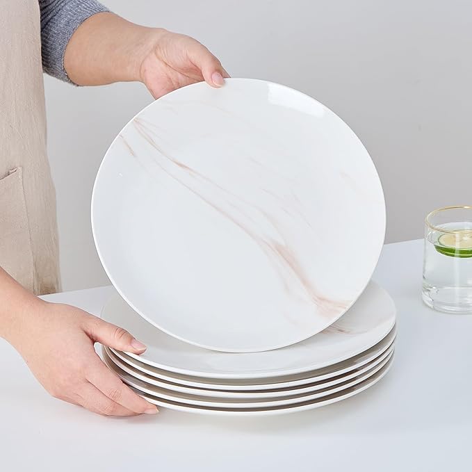 bestone Dinner Plates, 10.5 Inch Plates Set of 6, Porcelain Round Dessert Salad Dinner Plates, Serving Dishes for Kitchen, Dishwasher, Microwave, Freezer, Oven Safe, Marble Orange