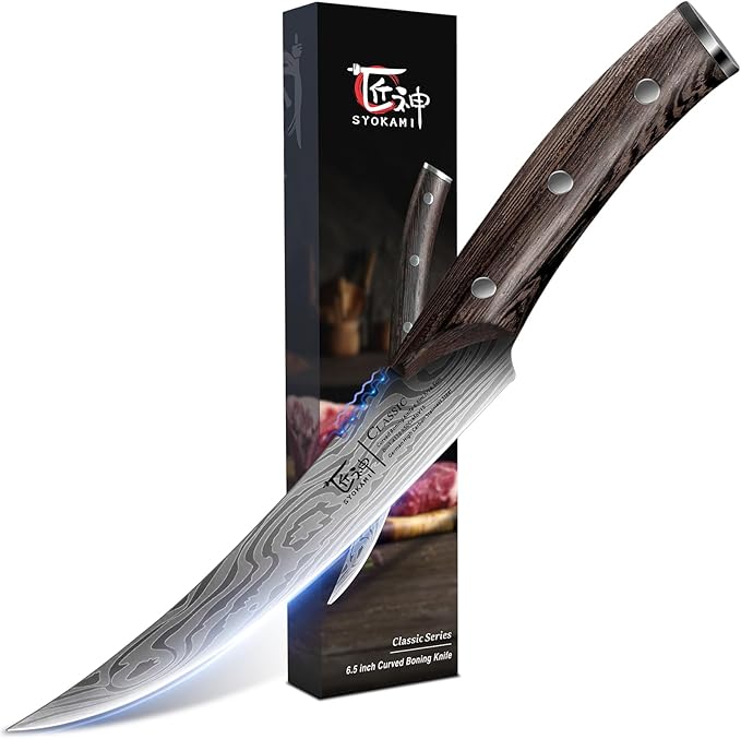 Boning Knife for Meat Cutting, 6.5 Inch Japanese Style Fish Fillet Knife with Wood Handle, High Carbon Razor Sharp Curved Blade for Deboning Trimming, Housewarming Birthday Cooking Gifts