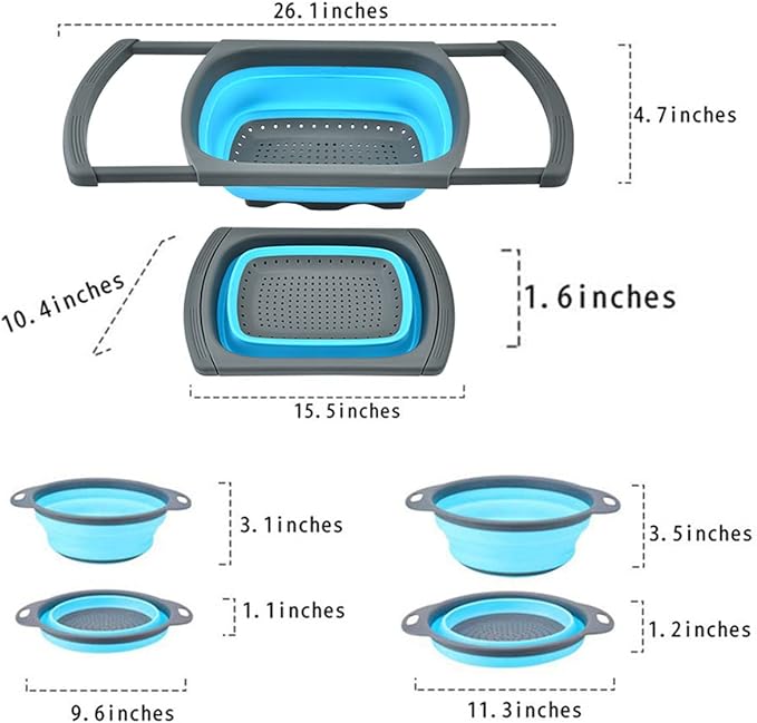 CdyBox New Version 11Pack Silicone Kitchen Strainer Collapsible Colander with Foldable Silicone Measuring Spoon Measuring Cup Kitchen Good Tools (Blue) 9.6 * 1.1