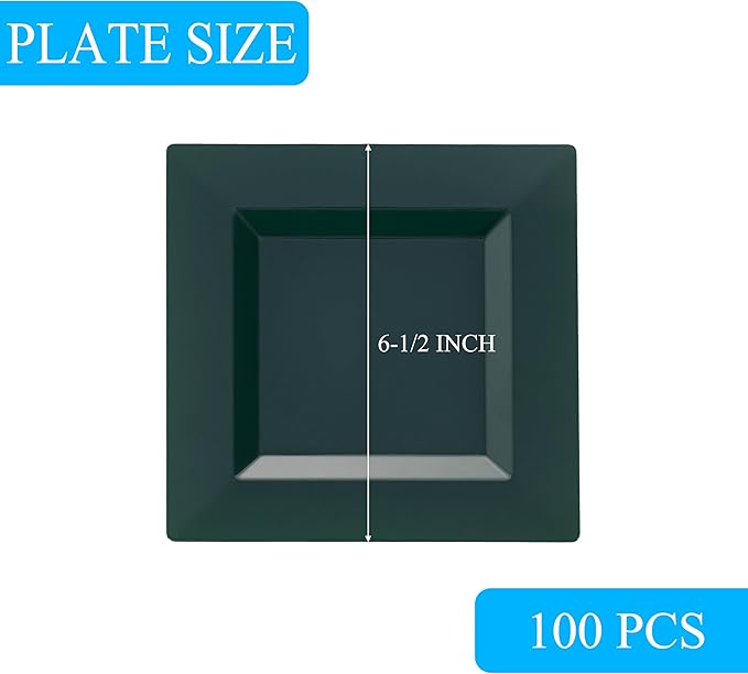 100 Pack Green Plastic Square Dessert Plates, 6.5" Disposable Salad Plates Heavy Duty Plates for Party, Wedding, Christmas, Easter