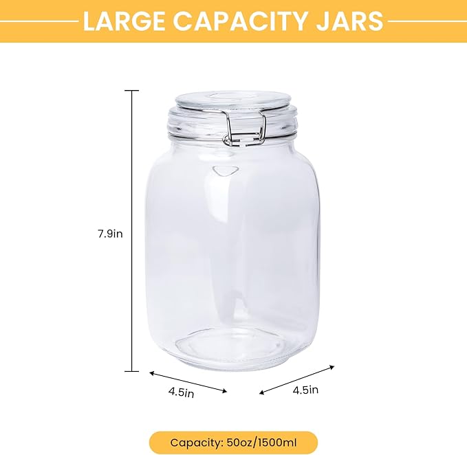 Glass Jars with Airtight Lid, Large Glass Food Storage Jars, 3 Pack Wide Mouth Airtight Glass Jars ffor Flour, Cereal, Coffee, Pasta and Canning(50OZ)