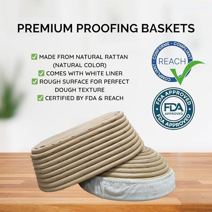 Sourdough Kit – Bread Making Kit with 9" Round & 10" Oval Banneton Bread Proofing Baskets, Dough Whisk, Scoring Tool, Metal Scraper, Silicone Brush, Liners – Sourdough Bread Baking Supplies Set