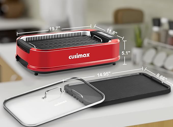 CUSIMAX Smokeless Indoor Grill, Electric Grill Griddle, 1500W Korean BBQ Grill with LED Smart Display & Tempered Glass Lid, Non-stick Removable Plate & Griddle Plate, Red