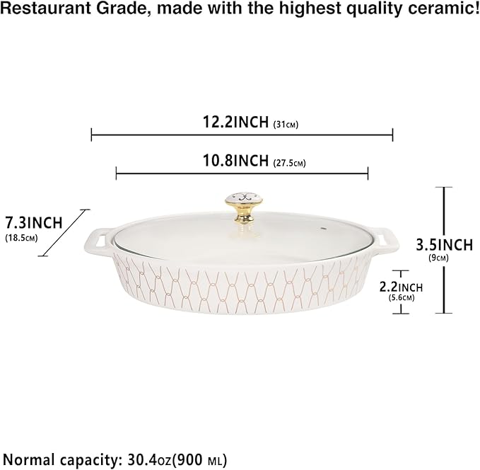 10" x 7" Ceramic Oval Casserole Dish with Glass Lid, 30 Ounce Serving Soup Tureen,Chafing Dish for Buffet, Family Food preserve Tray, Catering Casserole for Party Style