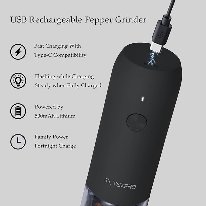 Electric Salt and Pepper Grinder Set, USB Rechargeable, Automatic Salt and Pepper Mill Grinder with Adjustable Coarseness, Electric Salt Shakers, LED Light, Refillable (2 Packs, Black&White)