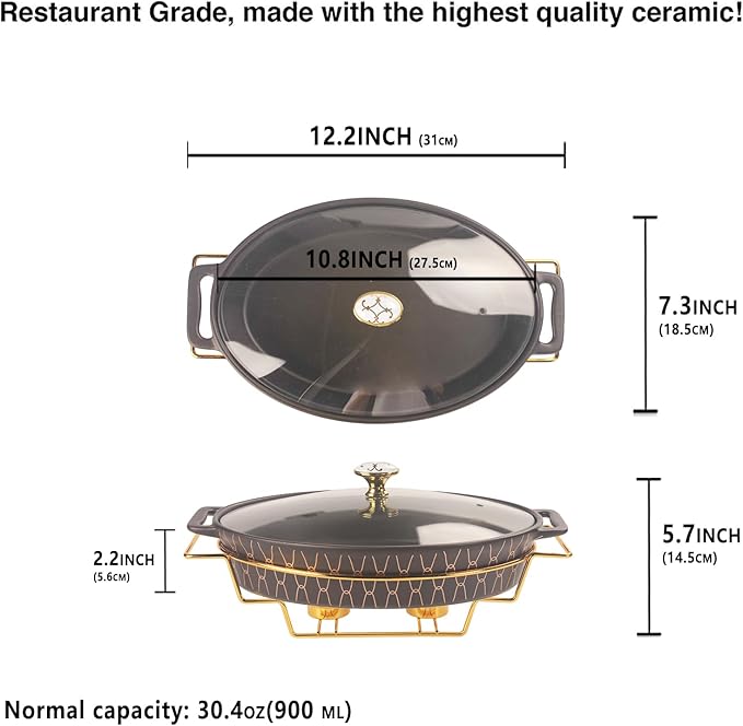 10" x 7" Ceramic Oval Casserole Dish with Glass Lid and Gold rack, 30 Ounce Serving Soup Tureen,Chafing Dish for Buffet, Family Food preserve Tray, Catering Casserole for Party Style, Black