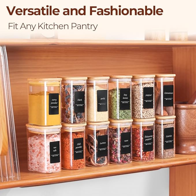 Comsaf Spice Jars with Label,8 oz Small Glass Jars with Lids, 6 Pcs Seasoning Containers, Rectangle Glass Containers with Lids, Empty Seasoning Jars for Pantry Storage, Loose Tea, Herbs, Powders, Salt