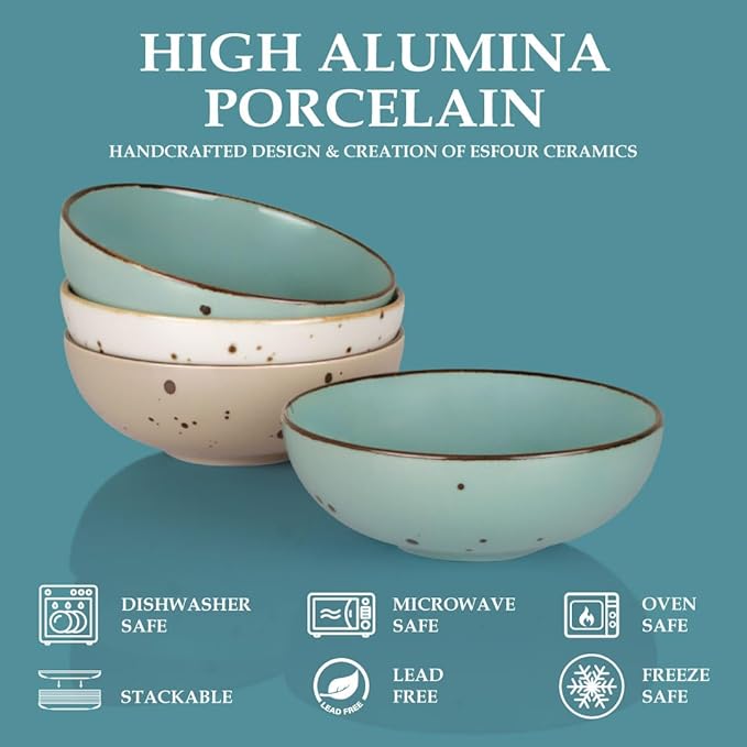 Esfour Round Porcelain Bowls - 18 Ounce - Set of 4 - Microwave, Oven, Dishwasher-Safe, Scratch Resistant, Porcelain Durable Small Dishes Bowls for Cereal, Salad, Pasta, Soup Dessert - Assorted Natural