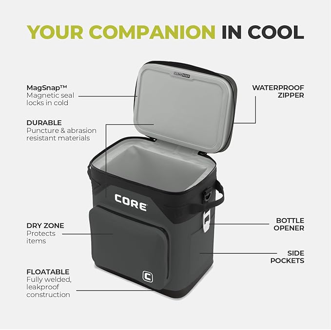 CORE Magnetic Leak Proof Soft Cooler with Waterproof Zipper | Insulated Bag Portable Ice Chest Box | Best Soft Cooler for Food & Beverages for Tailgating, Car Camping, Travel, and Family Beach Picnics