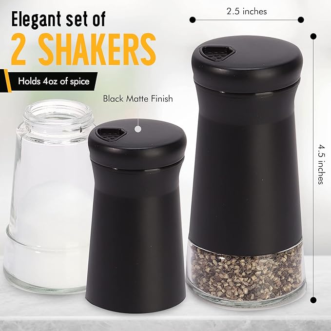 The Original Salt and Pepper Shakers set - Black -Spice Dispenser with Adjustable Pour Holes - Stainless Steel & Glass - Set of 2 Bottles