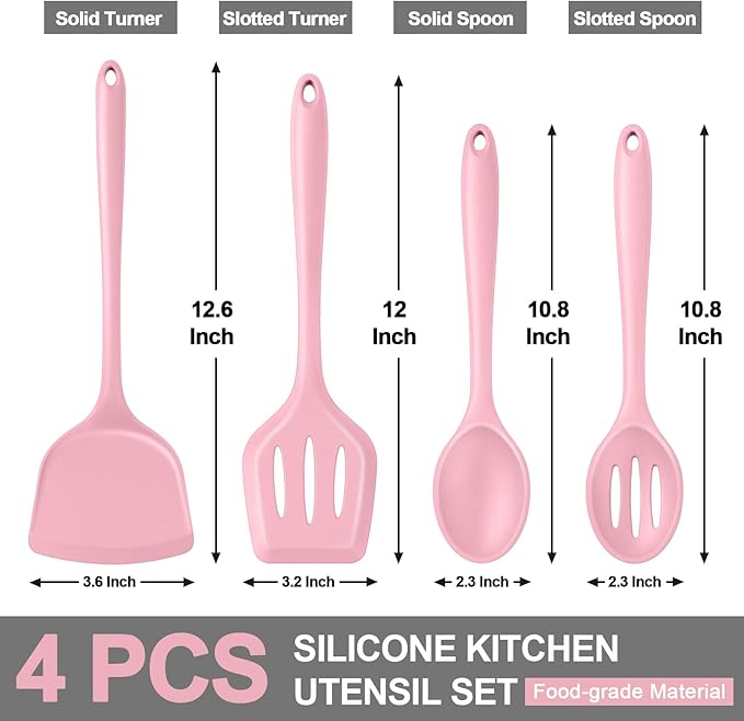 P&P CHEF Kitchen Utensil Set, 4 Pieces Non-stick Silicone Cooking Utensils, Heat-resistant Slotted Solid Spoon Turner for Frying, Mixing, Serving, Non-toxic & Easy to Clean, Pink