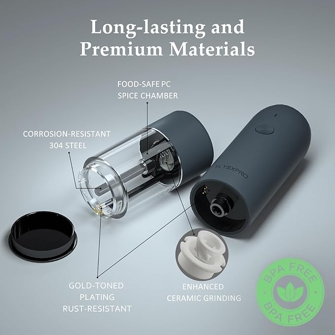 Electric Salt and Pepper Grinder Set with USB Rechargeable, Automatic One Hand Operation with Adjustable Coarseness, Pepper Mill Grinder Refillable with LED Light (2 Packs, Blue-Grey)