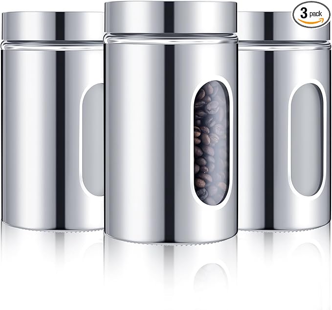 3 Pcs Stainless Steel Canister Set with Glass Windows Visible Storage Jars Silver Kitchen Canister Set for Pasta Flour Oat Sugar Container, Kitchen Tools, Housewarming Gifts(32 oz)