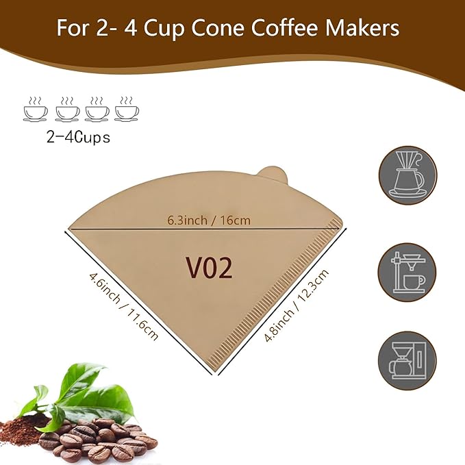 Coffee Filters,200 Count Disposable Coffee Paper Filters, Size 04 Unbleached Cone Filters 2-4 Cup, Filters For Pour Over and Drip Coffee Maker (200, V02)
