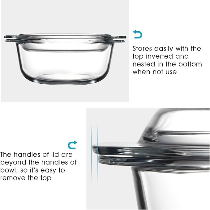 ZYER Round Glass Casserole Dish With Glass Lid,Covered Glass Bakeware Easy Grab Glass Microwave Bowls with Glass Lid (2.5L)