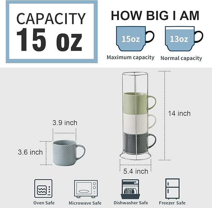 Hasense Coffee Mugs,15oz Coffee Cups Set of 4 with Stackable Storage Rack, Durable Porcelain, Microwave & Dishwasher Safe, Space-Saving Mug Set for Kitchen and Office, Multi Color