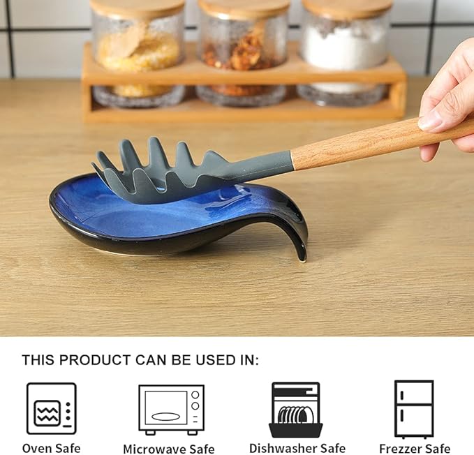 Nihow Ceramic Spoon Rest: 4 Inch Stable Utensil Rest - Heat Resistant Spoon Holder for Kitchen counter/Countertop/Stove Top - Dishwasher Safe - Elegant Blue (1 PC)