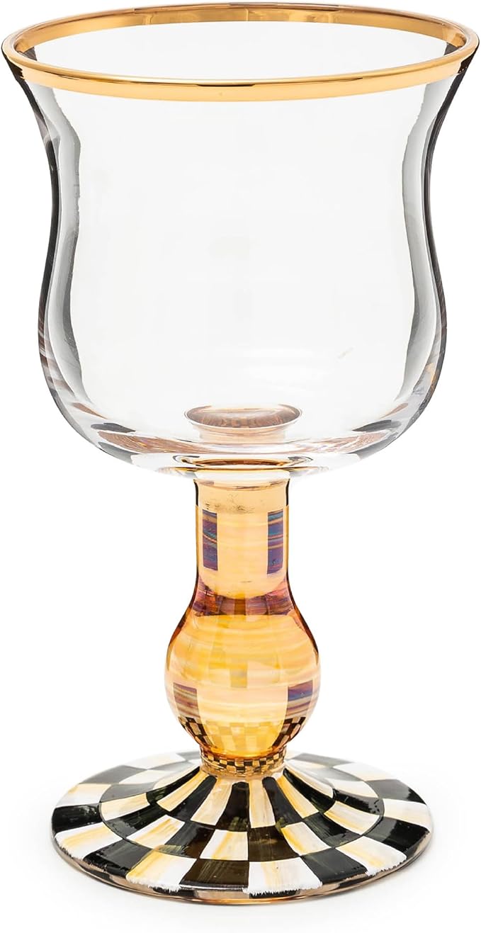 MACKENZIE-CHILDS Stemmed Wine Glass, Decorative Wine Glassware, 16 Ounces, Black-and-White Courtly Check