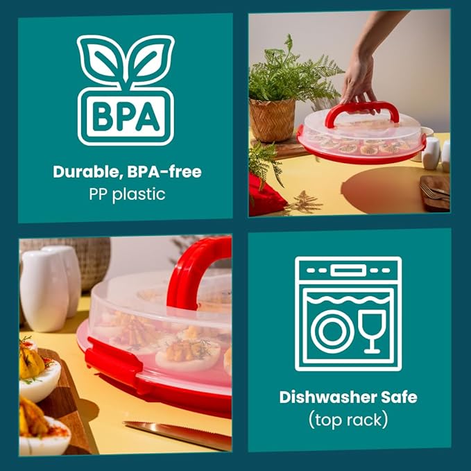 Classy Deviled Egg Carrier with Lid & Handles - Tray Platter for Holidays, Parties - Portable Container for 22 Eggs - Dishwasher-Friendly - Red