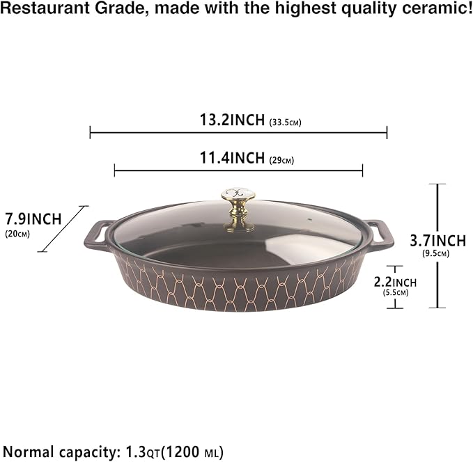 11" X 7.5" Ceramic Oval Casserole Dish with Glass Lid, 1.3 Quart Serving Soup Tureen,Chafing Dish for Buffet, Family Food preserve Tray, Catering Casserole for Party Style, Black