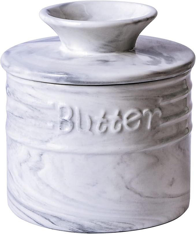 Yundu Gray Marble Porcelain Butter Keeper Crock,Butter Dish with Lid,French Butter Storage Container for Kitchen