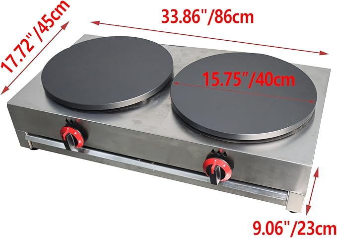 Double LP Gas Crepe Maker 2800Pa Commercial Pancake Machine Nonstick Pan Griddle Machine Table Size 15.75″×2 for Blintzes Eggs Bacon