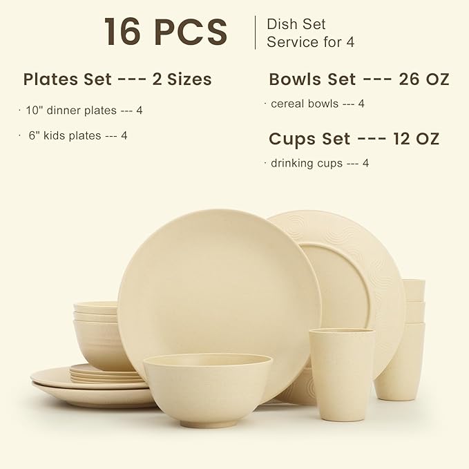 Homienly Premium Wheat Straw Dinnerware Sets, Lightweight & Unbreakable Plates and Bowls Sets,Cups,Service for 4,Dishwasher and Microwave Safe 16 PCS Dish Sets for Home,Camping- Beige
