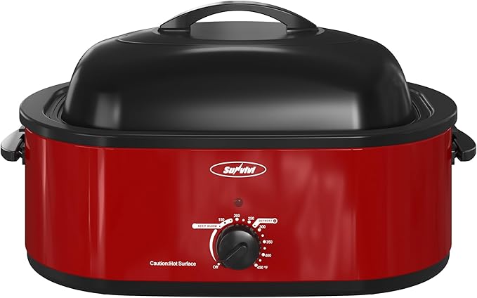 Sunvivi Roaster Oven with Self-Basting Lid,20 Quart Electric Roaster with Removable Pan & Rack,150-450°F Full-Range Temperature Control with Defrost/Warm Function,Stainless Steel,Red