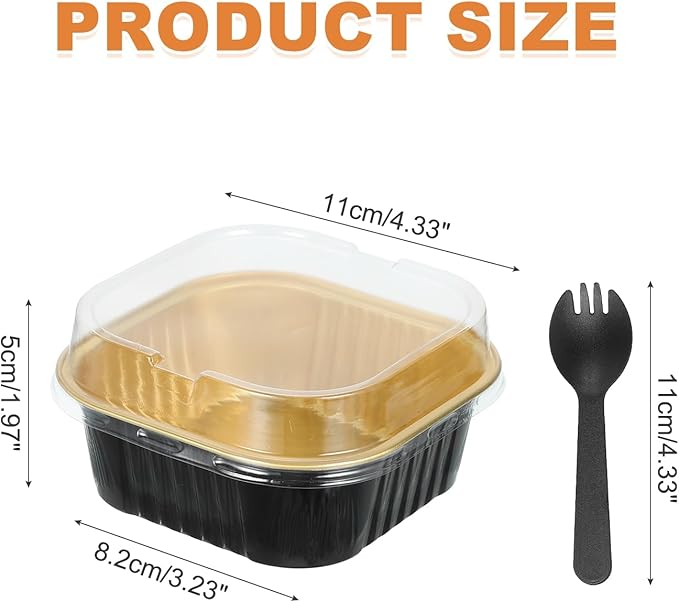 HARFINGTON 40Pack 10oz Disposable Mini Cake Pans with Lids & Spoons Black Gold Aluminum Foil Square Baking Cupcake Dessert Cups Tin for Birthday Party