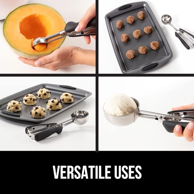 GORILLA GRIP Stainless Steel Cookie Scoop for Baking, 2 TBSP, Multipurpose Melon Baller, Meatball Spring Scoops, Perfect Portion Sizes, Easy Food Release, Scooper Size 40, BPA-Free Kitchen Tool, Black