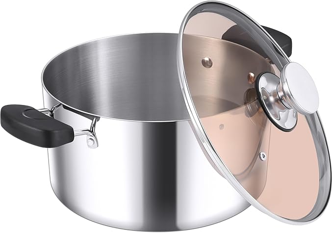 E-far 6-Qt Stainless Steel Stock Pot, Triply Stockpot with Lid for Cooking Simmering Soup Stew, Heavy Duty Cookware Works w/Induction, Non-toxic & Corrosion Resistant, Dishwasher Safe