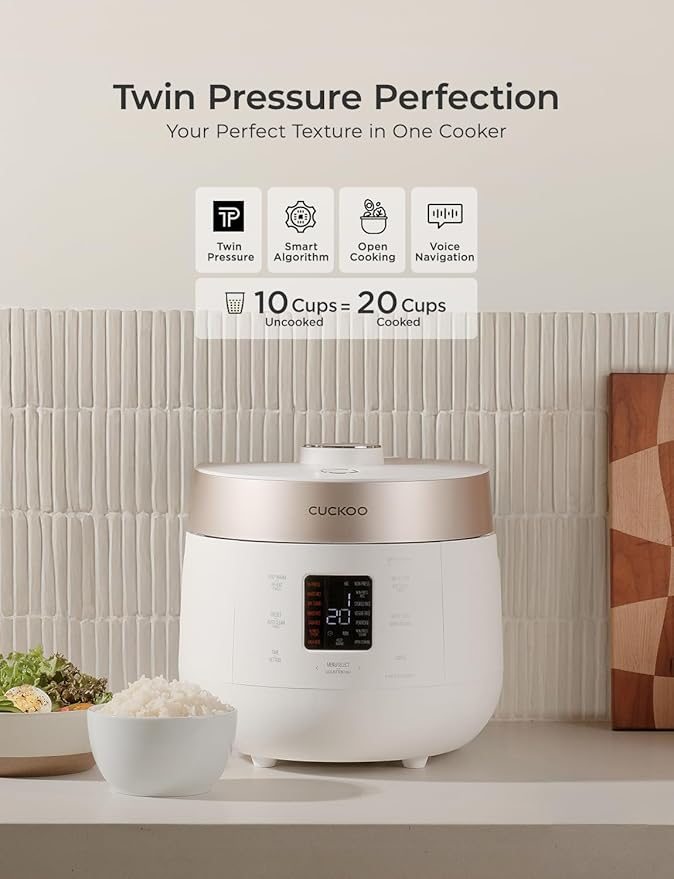 CUCKOO CRP-ST1009FW 10-Cup (Uncooked) / 20-Cup (Cooked) Twin Pressure Rice Cooker & Warmer with Nonstick Inner Pot, 16 Menu Options, 3 Voice Guide, Auto Clean (White)