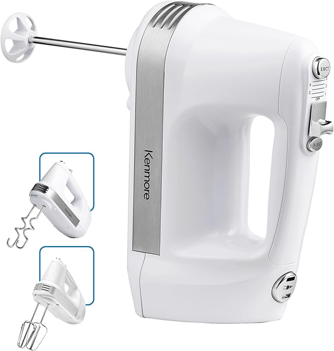 Kenmore Electric Hand Mixer - Kitchen 5 Speed Handheld Blender With Whisk, Beater, Dough Hook, Attachments Storage Case Batidora De Mano, Turbo Boost, Appliance For Cake Mix, Eggs, Whipping Cream