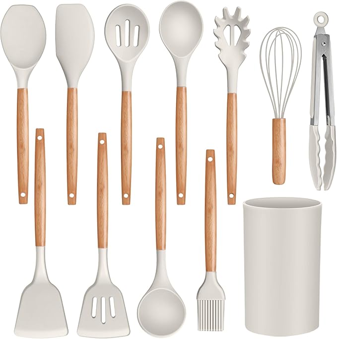 P&P CHEF Silicone Cooking Utensils Set, 12PCS Kitchen Utensils Set with Wooden Handle for Nonstick Cookware, Ladle, Spoon, Spatula, Tong, Heat-resistant & Non-scratch, Non Smell & Healthy, Khaki