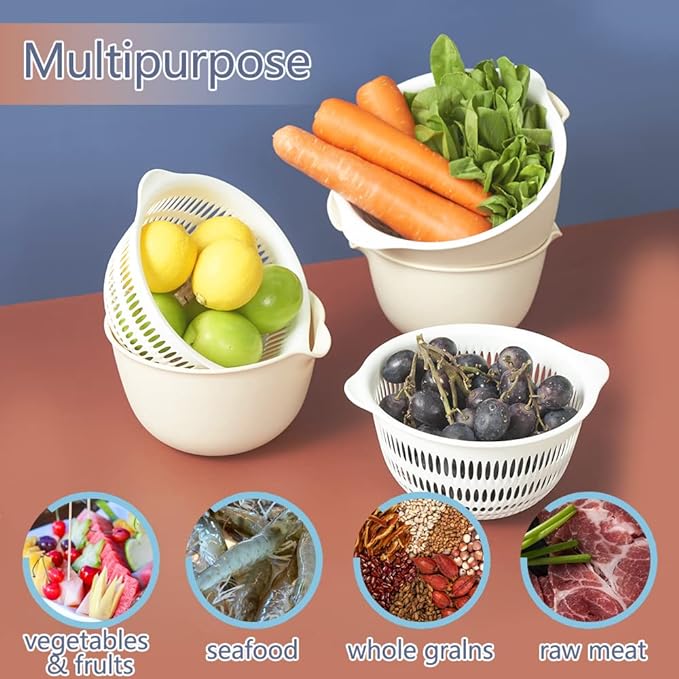 2 in 1 Kitchen Colander Set with Bowl Strainer (2 Sets 3 Qt),BPA Free Plastic Fruits and Vegetable Washing Basket,Dishwasher Friendly Double Layered Drain Basin,for Pasta Salad Berry Cleaning Mixing