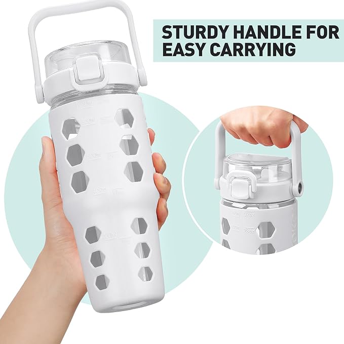 MUKOKO 32 oz Glass Tumbler with Straw,Glass Water Bottles with Time Marker,Iced Coffee Cup with Silicone Sleeve,Motivational Drinking Bottles,Leakproof-White