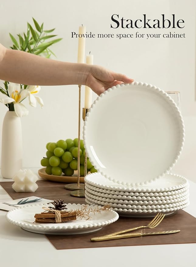 OMAYKEY 10.5" Ceramic Dinner Plates Set of 8, Catering Round Dining Plates, Large Salad Plate, White Porcelain Kitchen Plate for Pizza, Steak, Microwave and Dishwasher Safe