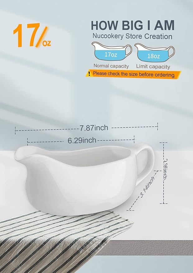 Nucookery Large 17 Oz Gravy Boat with Ergonomic Handle, White Fine Porcelain Saucier with Big Dripless Lip Spout, Bowl For Thanksgiving, Warming Sauces, Salad Dressings, Milk, Microwave & Freezer Safe