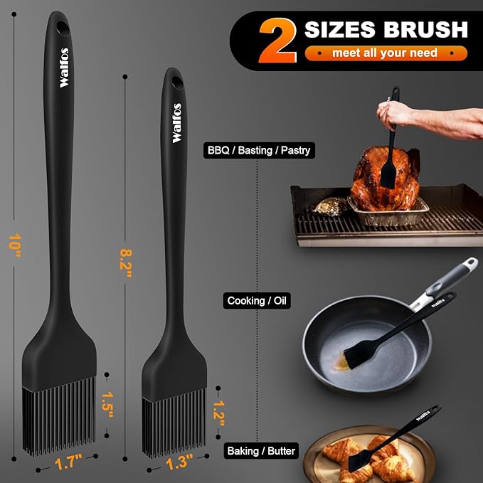 Walfos Silicone Basting Pastry Brush, Heat Resistant Pastry Brush Set, Strong Steel Core and One-Pieces Design, Perfect for BBQ Grill Baking Kitchen Cooking, BPA Free and Dishwasher Safe (2 Pcs)