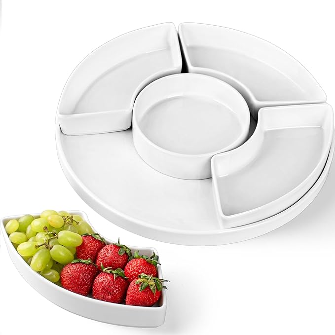 12.8" Serving Tray and Platters, Divided Serving Dishes, Serving Trays for Entertaining, Appetizer Serving Tray, 6 Removable Serving Dishes Set for Chips and Dip, Veggies, Candy and Snacks, White